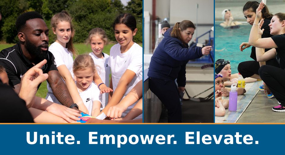 Coaches working with young athletes in field sport, indoor training and swimming: Unite, Empower, Elevate.