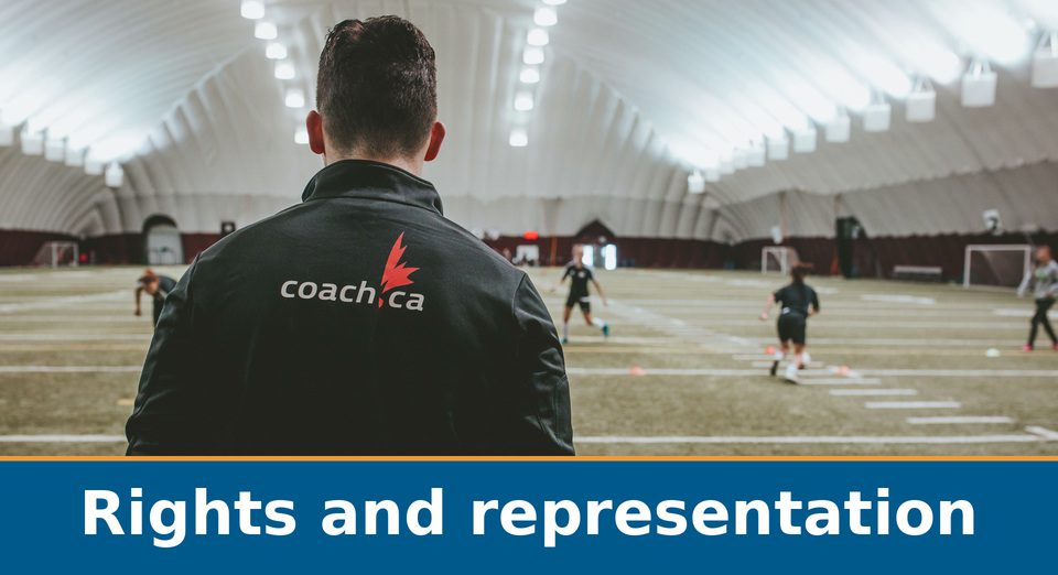 A coach overseeing athletes in an indoor training facility: Rights and representation.