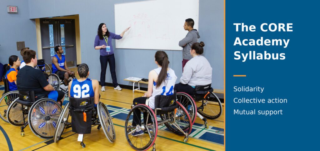 A coach leading a wheelchair basketball learning session: The CORE Academy Syllabus, solidarity, collective action and mutual support.